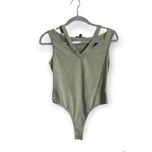 Missguided Green Acid Wash Cutout V Neck Bodysuit Size Medium